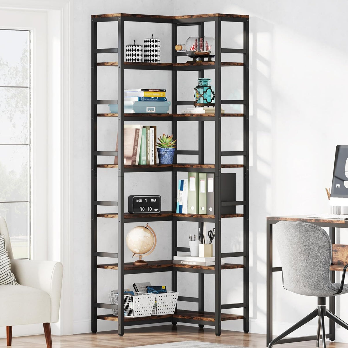 Tribesigns 78.7 inch High Angle Shelf, 7 Tier Industrial Corner Bookcase Storage Display Shelves for Living Room Home Office, Rustic Brown