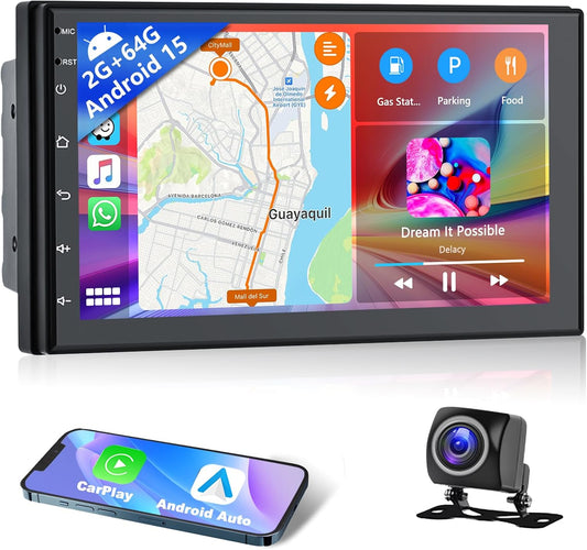 [2+32G] Podofo 2Din 7 Inch Autoradio Android 13 Scherm met Draadloos Apple Carplay/Android Auto Touchscreen met GPS/Bluetooth/SWC/FM/RDS/WiFi/USB Radio-ontvanger Ondersteuning Achteruitrijcamera
