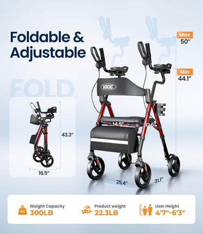 VOCIC Z22 GelCool Rollator Opvouwbaar en licht met zitting, met onderarmsteunen en verstelbare armleuningen, rollatoren voor senioren met comfortabele pasvorm, tot 136 kg, beker- en stokhouder