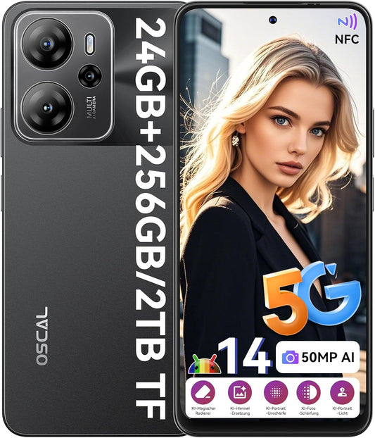 OSCAL Tiger 13 Mobiele telefoon 5G Android 14, Gemini AI, 24 GB + 256 GB/TF-2 TB, Octa Core smartphone 90 Hz display 6,67 inch HD+, 18 W snel opladen, AI 50 MP, 5G Dual SIM/NFC/Face ID/GPS/OTG