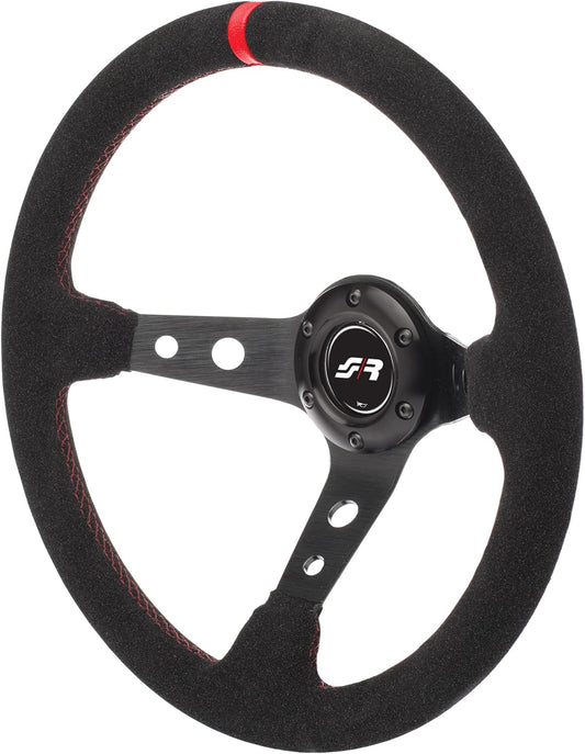 Universeel Sportstuur – Sportief Stuurwiel – Racen Stuur – Auto Stuur – Zwart Suède Stuur – 350mm Diameter – Rode Stiksels