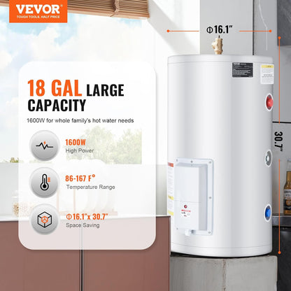 VEVOR Elektrische boiler, 18 gallon tank, doorstroomboiler, 1,6 kW tankloze boiler met led-display, draaiknopbediening, doorstroomboiler voor douche, badkamer