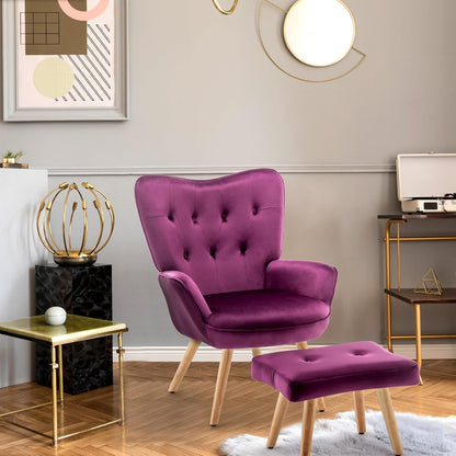 HollyHOME Fauteuil met Voetenbank Comfortabele Fauteuil Woonkamer Fluwelen Leesstoel Slaapkamer Accentstoelen Loungestoelen, Paars