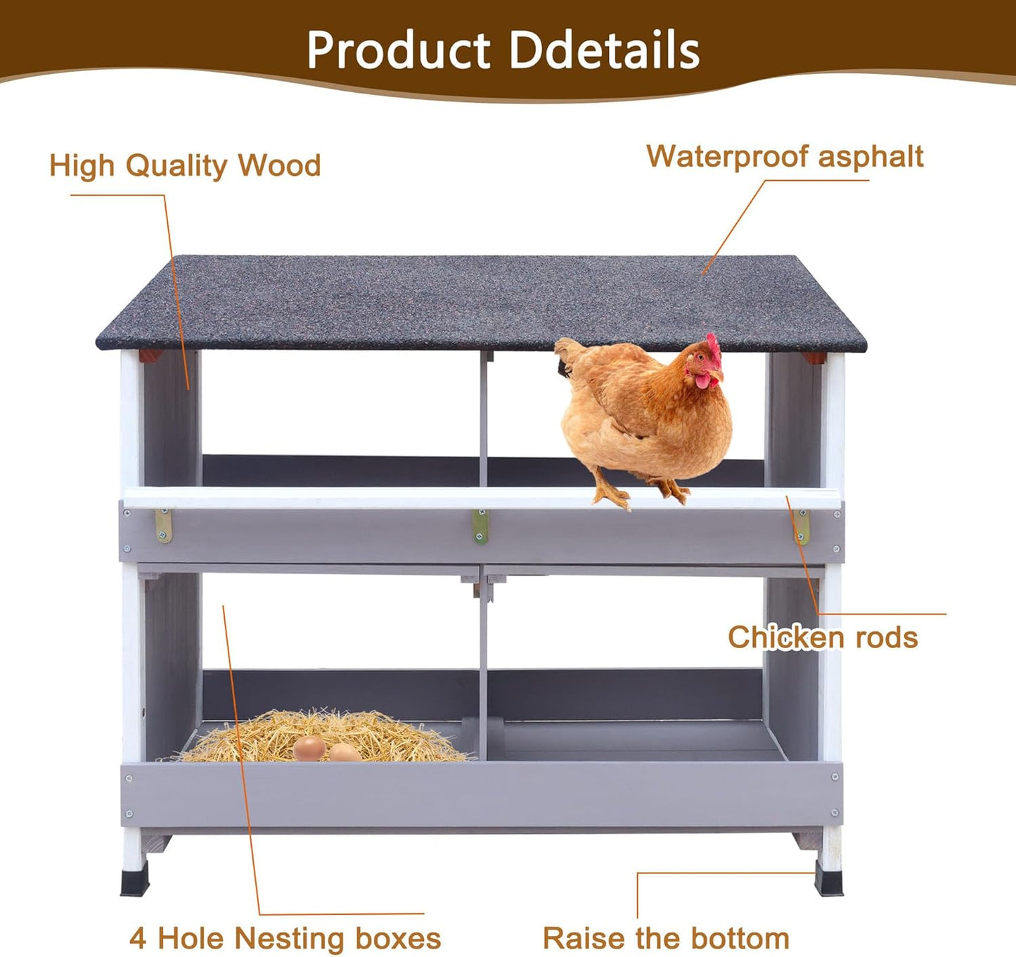 Chicken nest for chickens, chicken nest with sloping bottom, with ventilation holes, easy cleaning, 4 compartments chicken coop winter proof, L x W x H 82 x 38 x 82 cm, storage room - QUORE