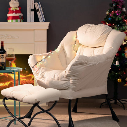 HollyHOME Relax Fauteuil met Voetenbank Woonkamer Stoel Slaapkamer Stoel Lounge Stoel met Armleuningen Leesstoel Accentstoel met Stalen Frame, Beige