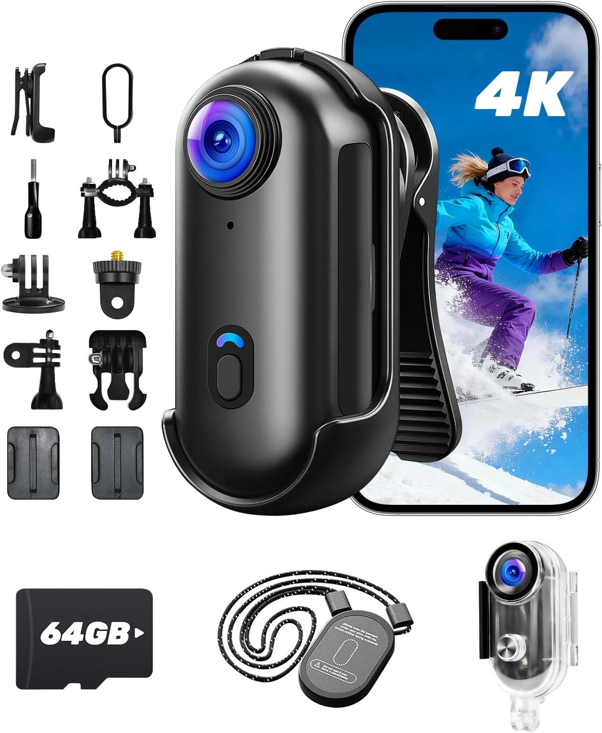 Actioncamera 4K met 64 GB SD, BodyCam-lichaamscamera Mini magnetische handsfree POV-camera met 360° draaibare clip, 30 m waterdichte behuizing voor skiën, helmcamera, vlog