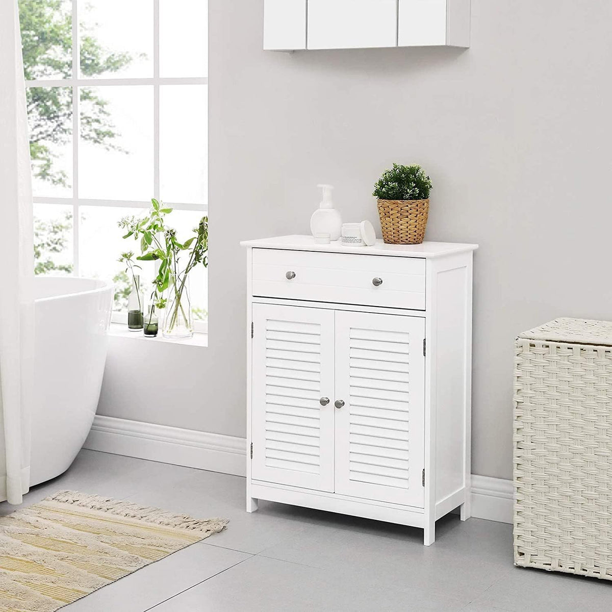 WeHome Jessica Ruimtebesparende badkamerkast, staande kast met verstelbare plank, wit, 60 x 35 x 87 cm, houten kast met 2 deuren en lade bovenaan (wit)