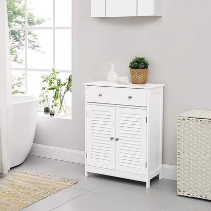 WeHome Jessica Ruimtebesparende badkamerkast, staande kast met verstelbare plank, wit, 60 x 35 x 87 cm, houten kast met 2 deuren en lade bovenaan (wit)