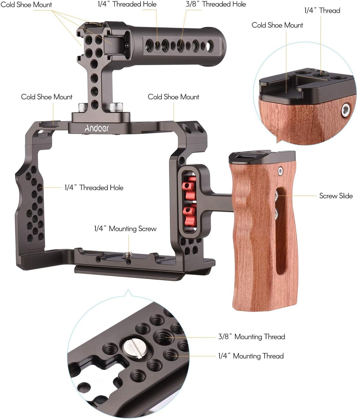 Andoer Camera Rig Vervangingsset van aluminiumlegering met houten handvat aan de bovenkant van de video voor Sony A7R III, A7 II, A7III