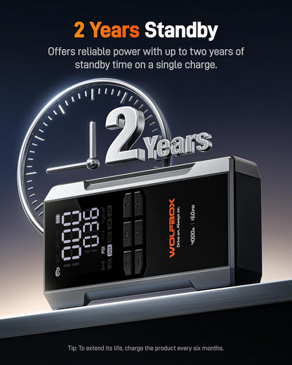 WOLFBOX 4000A Jump Starter met 160PSI luchtcompressor, 12V auto-accubooster, 65W snel opladen, 24000mAh draagbare bandenpomp, LED-display voor 10L gas- en 10L-dieselmotoren, LED-licht, jumperkabels