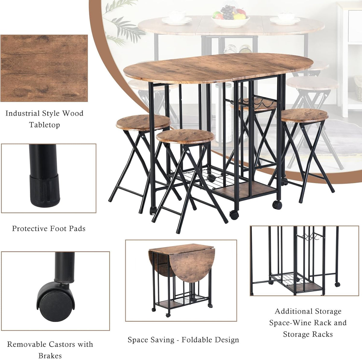 Dining Table with 4 Chairs, Small Kitchen Table, Foldable, Small Space with 4 Folding Chairs with Storage for Restaurant, Patio, Balcony, Garden (Rustic Brown)