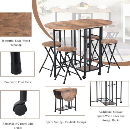 Dining Table with 4 Chairs, Small Kitchen Table, Foldable, Small Space with 4 Folding Chairs with Storage for Restaurant, Patio, Balcony, Garden (Rustic Brown)