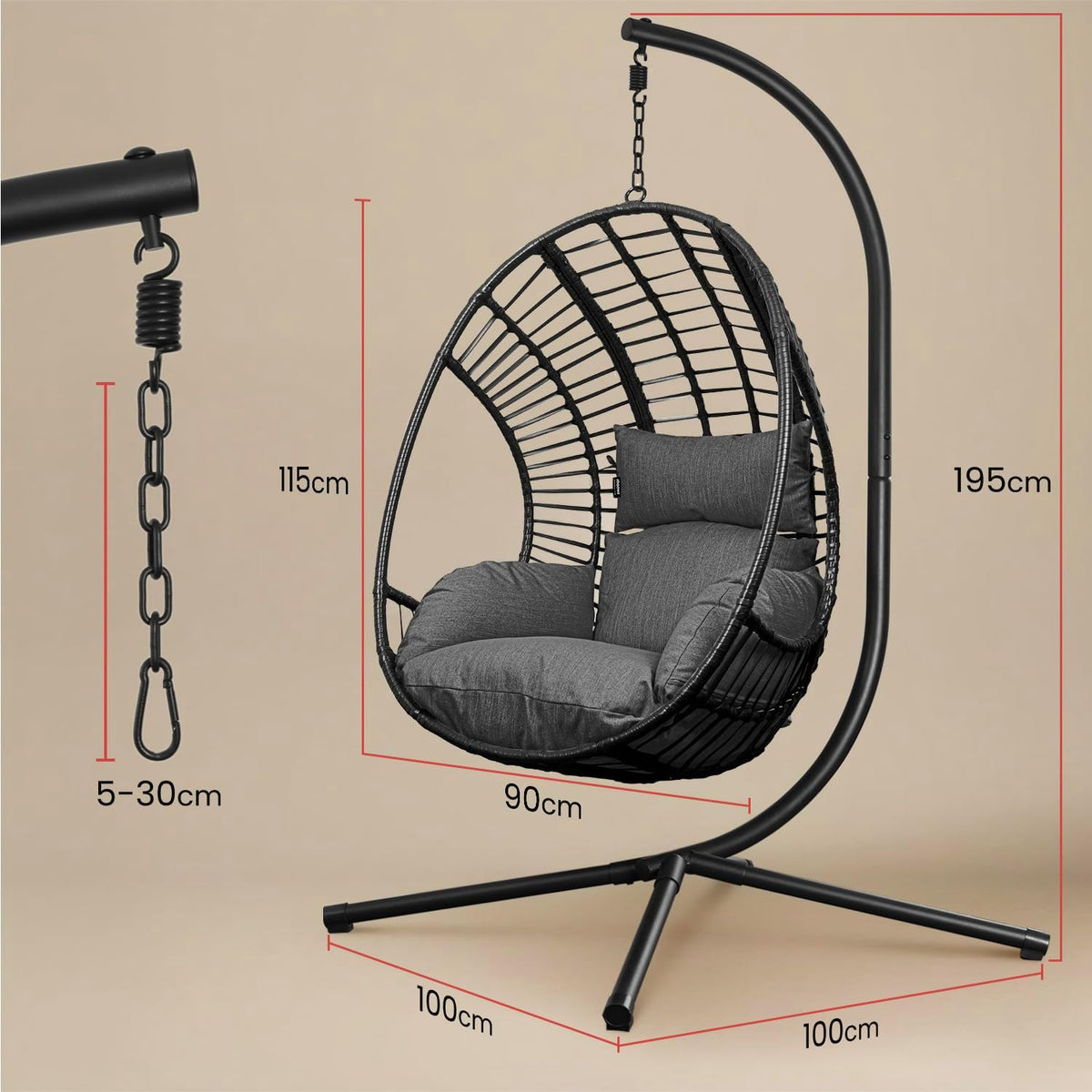 Swoods XXL Egg Hangstoel – Hangstoel met standaard – Voor Binnen en Buiten – Incl. Kussens – Egg Chair – Weerbestendig - Ei Stoel – tot 150kg (Donkergrijs)