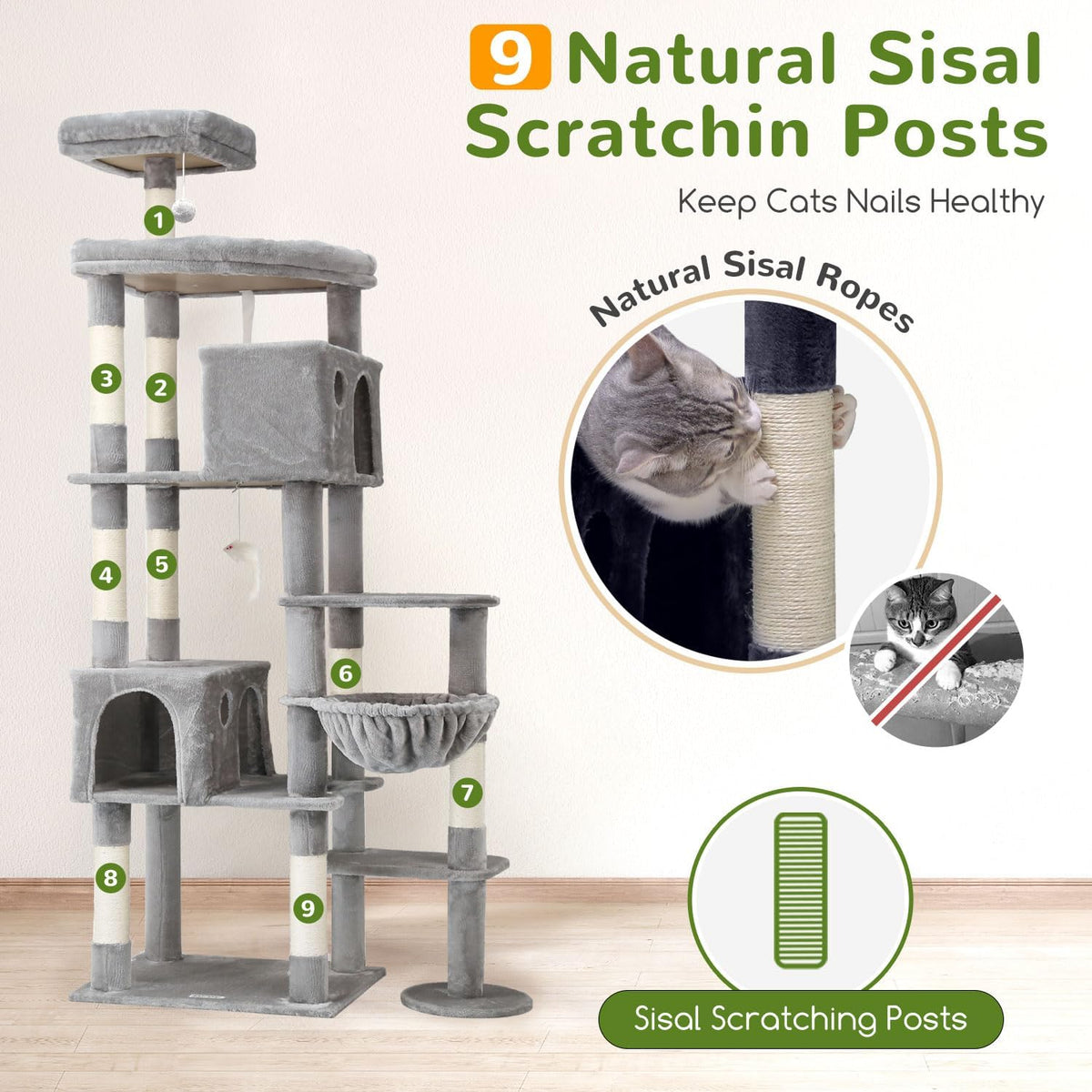 Kattenboom XXL – Krabpaal – Kattentoren – Kattenhuis – Kattenmeubel – 213 cm Hoogte – Ruim Platform – Gevoerde Zitstang – Lichtgrijs