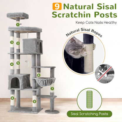 Kattenboom XXL – Krabpaal – Kattentoren – Kattenhuis – Kattenmeubel – 213 cm Hoogte – Ruim Platform – Gevoerde Zitstang – Lichtgrijs