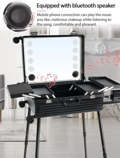 EBANKU Professionele Make-upkoffer, PC Rolling Makeup Travel Case Trolley Cosmetic Case met Verlichte Spiegel en Bluetooth, Cosmetic Case Hairdressing Trolley, 4 Weergaveknoppen(Zwart)