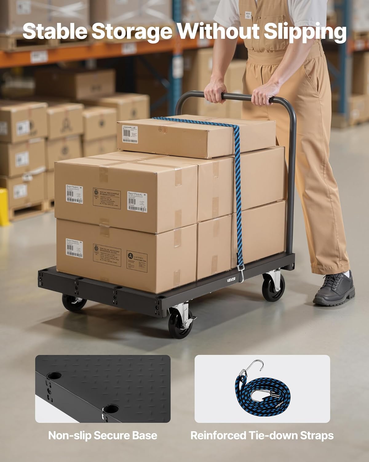VEVOR Drywall Trolley Load Capacity 810 kg Steel Plates 12.5 mm Casters Platform 91.5 x 61 cm with 3 Side Handrails for Factory Garage Black