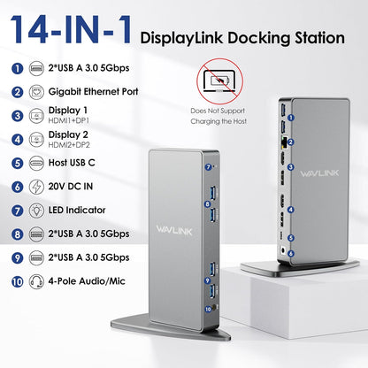 DisplayLink Docking Station Dual Monitor, WAVLINK 14-IN-1 USB-C/A Laptop Docking Station met 2 x 4K HDMI, 2x 4K DP, 1000 Mbps Ethernet, 6 x USB 3.0, audio en microfoon voor Mac/Windows