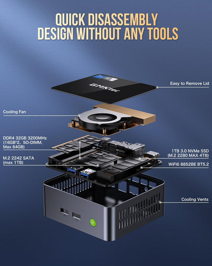 GMKtec Mini PC Intel Core i7-1185G7 (up to 4.8 GHz) 32GB DDR4 1TB SSD Desktop Mini Computers WiFi 6, BT 5.2/ DP, HDMI/RJ45 2.5G/USB4.0