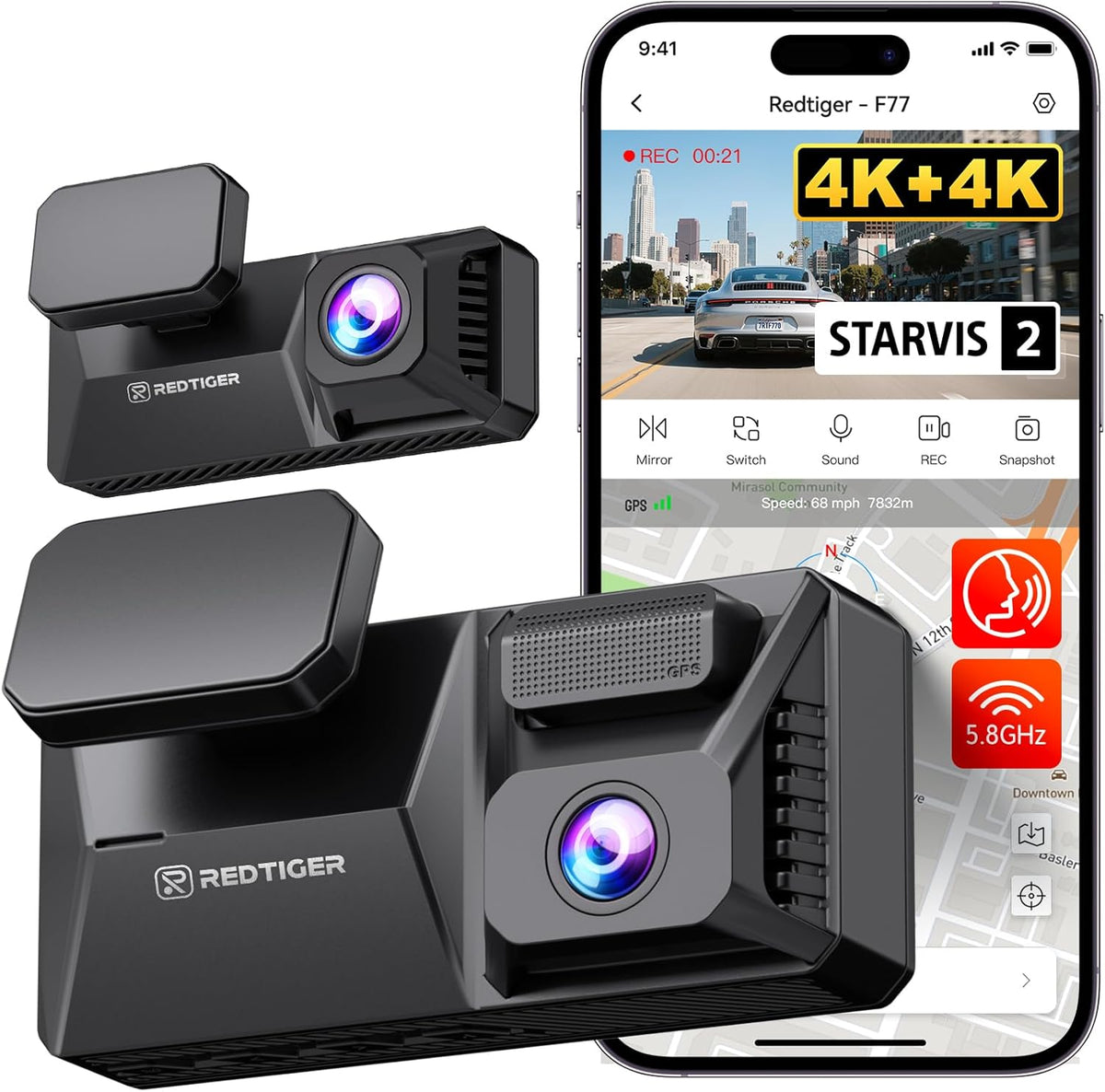 REDTIGER F77 4K+4K Dash Cam Front and Rear, Dual STARVIS 2 IMX678 HDR, Built-in 128GB eMMC, Voice Control Dash Camera for Cars with 5.8GHz WiFi, 4'' Touch Screen, GPS, Night Vision, 24H Parking Mode