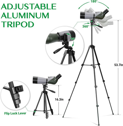 20-60 x 70 HD Telescopische Zoom Spotting Scope met verstelbaar en licht telescopisch statief en telefoonadapter, draagbare telescoop voor wildobservatie, doelschieten en observeren