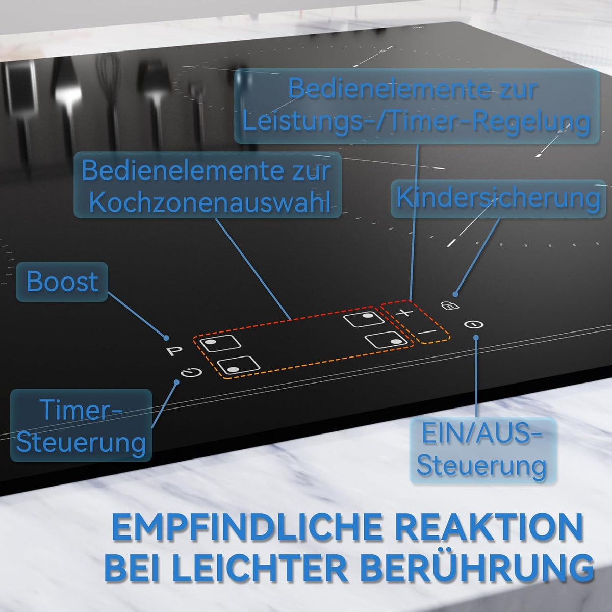 Hermitlux Inductiekookplaat, 60 cm, 4 kookplaten, 9 standen, Touch Slider Control, veiligheidskookplaat en timer, 7200 W