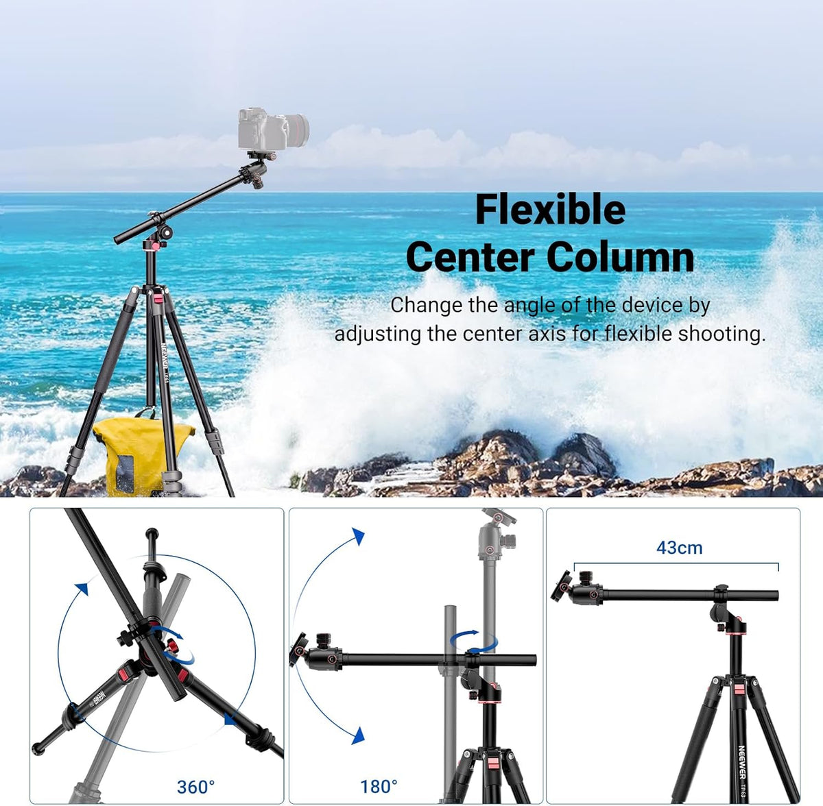 NEEWER Overhead horizontale camerastatief Monopod met kogelkop en flexibele middenkolom, 90 inch hoge metalen DSLR video-reisstandaard, Arca-type QR-plaat en omgekeerde poten, maximale belasting 15