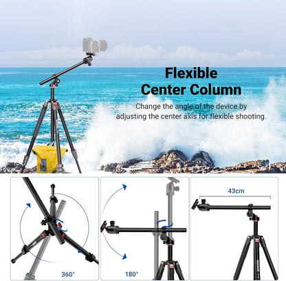 NEEWER Overhead horizontale camerastatief Monopod met kogelkop en flexibele middenkolom, 90 inch hoge metalen DSLR video-reisstandaard, Arca-type QR-plaat en omgekeerde poten, maximale belasting 15