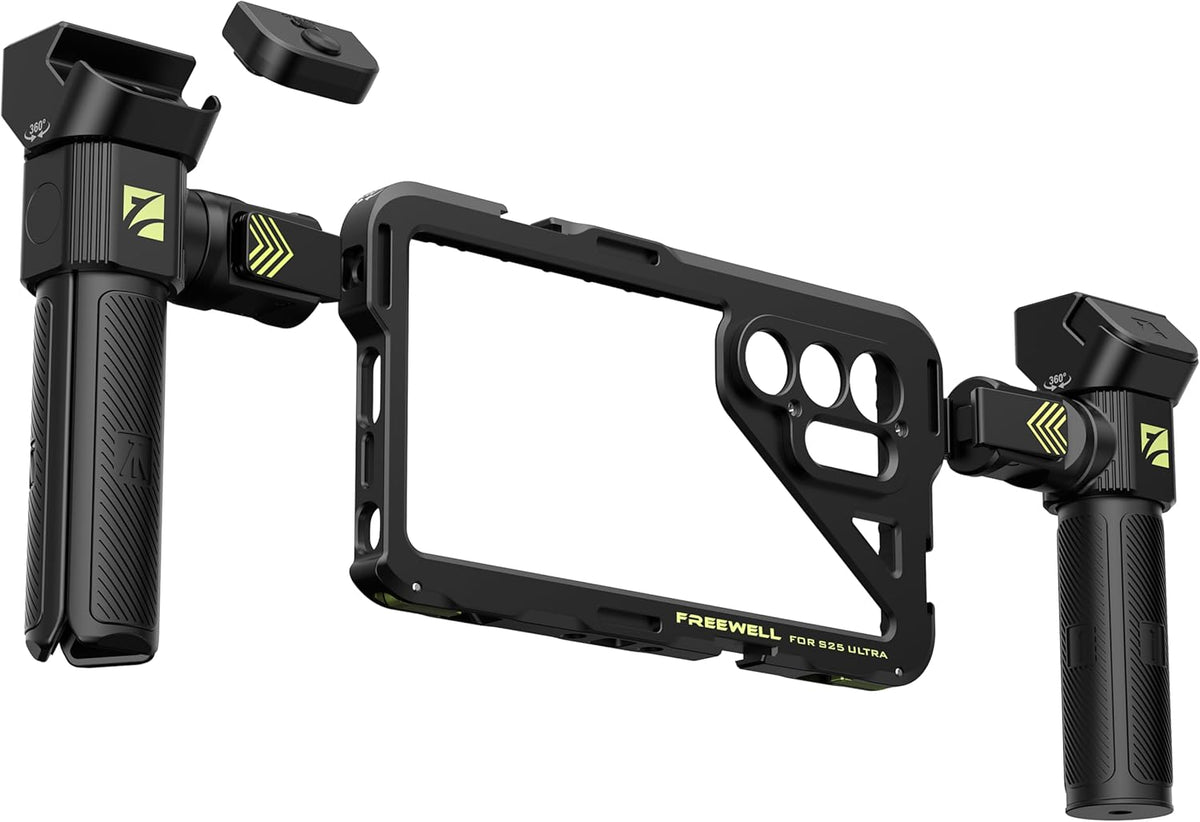 Freewell Genius Rig Cage voor Samsung S25 Ultra - gereedschapsvrije installatie, statief- en monopod-handgrepen, Bluetooth-afstandsbediening, flexibele bevestigingen voor professioneel filmen