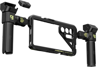 Freewell Genius Rig Cage voor Samsung S25 Ultra - gereedschapsvrije installatie, statief- en monopod-handgrepen, Bluetooth-afstandsbediening, flexibele bevestigingen voor professioneel filmen