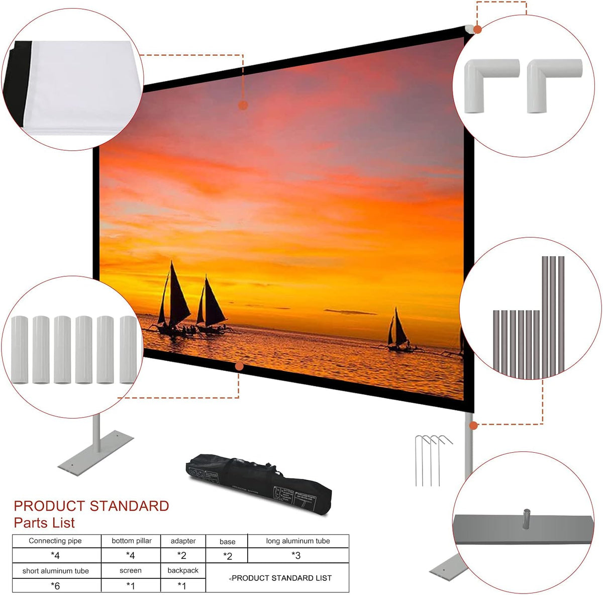Projectiescherm 100 inch 4K HD 16: 9 scherm opvouwbare projector, wasbaar, draagbaar, anti-kreuk voor videoprojectoren, dubbelzijdige projectie voor thuis/buitenbioscoop (100 inch)