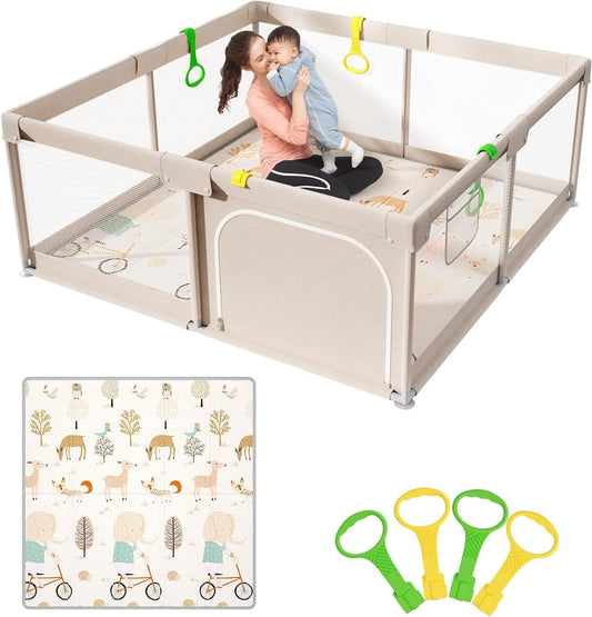 Mloong Baby Playpen with Mat, 59 x 71 Inch Extra Large Playpen for Babies and Toddlers, Indoor & Outdoor Activity Center, Safety Baby Fence with Door, Play Pen, Playground - QUORE