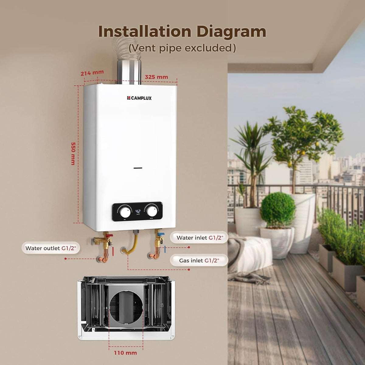 CAMPLUX 11 liter gas boiler indoor lage NOx/ErP, binnenlandse Instant LPG douche, voor huishouden/balkon, LPG, BD300CTLP