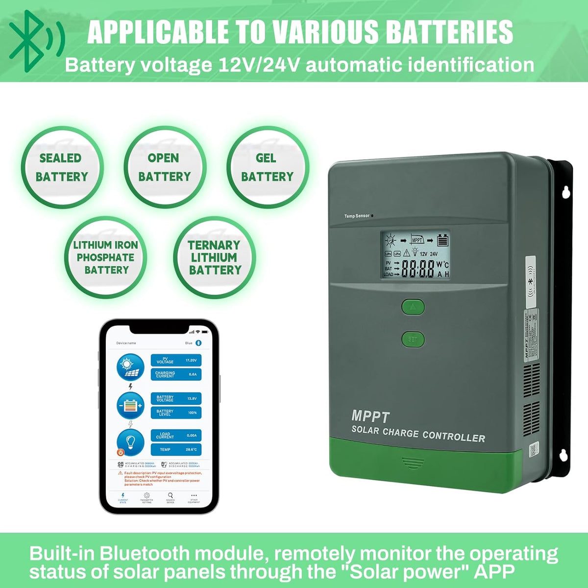60A MPPT laadregelaar zonne-energie automatische detectie 12V/24V MPPT-laadregelaar LCD-digitaal display maximale nullastspanning van het zonnepaneel 100 V, dual USB, grijs-groen