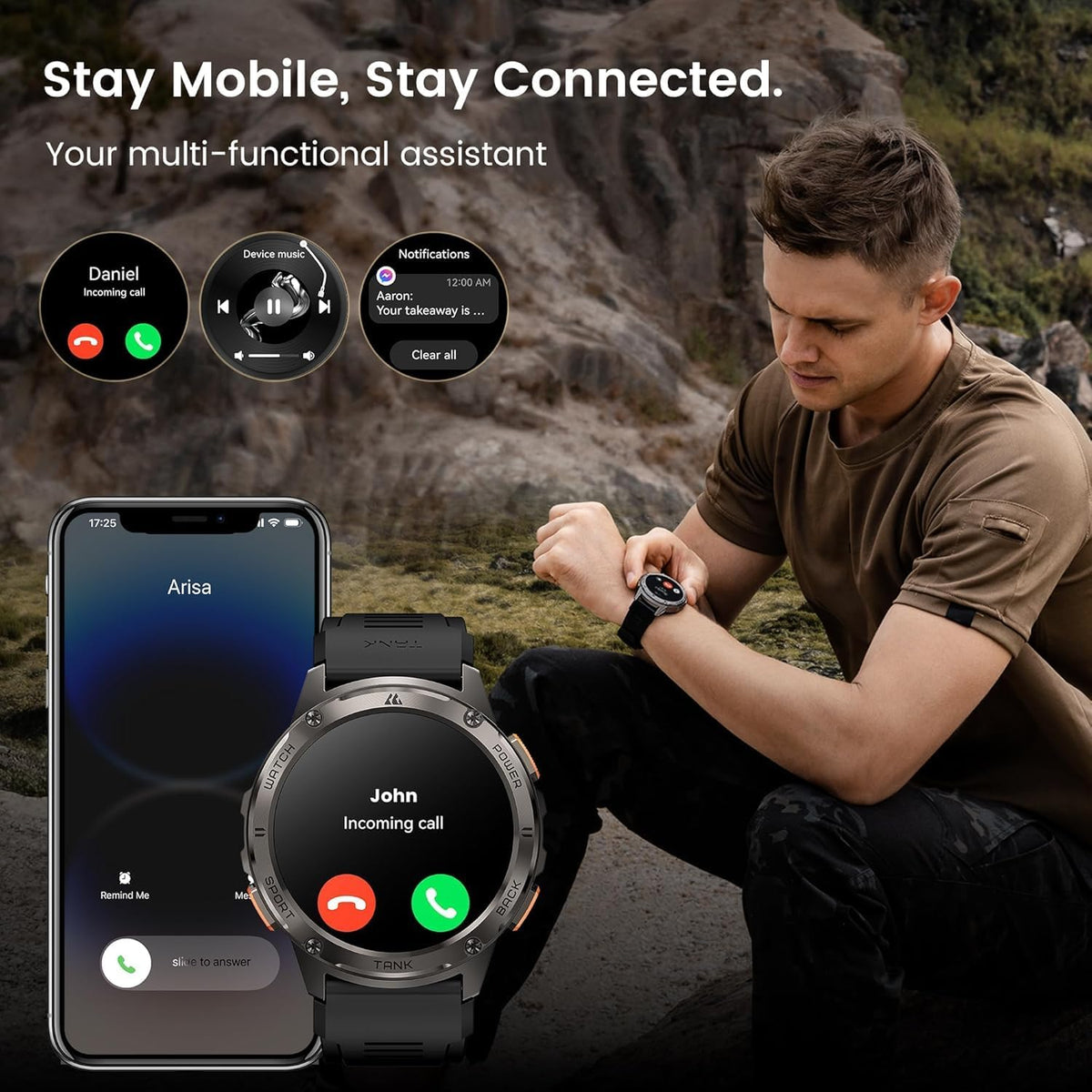 KOSPET Tank T3 Smartwatch voor heren, 60 dagen acculatie, 50 m waterdicht, militair getest, volledig metalen behuizing, 1,43 inch AMOLED