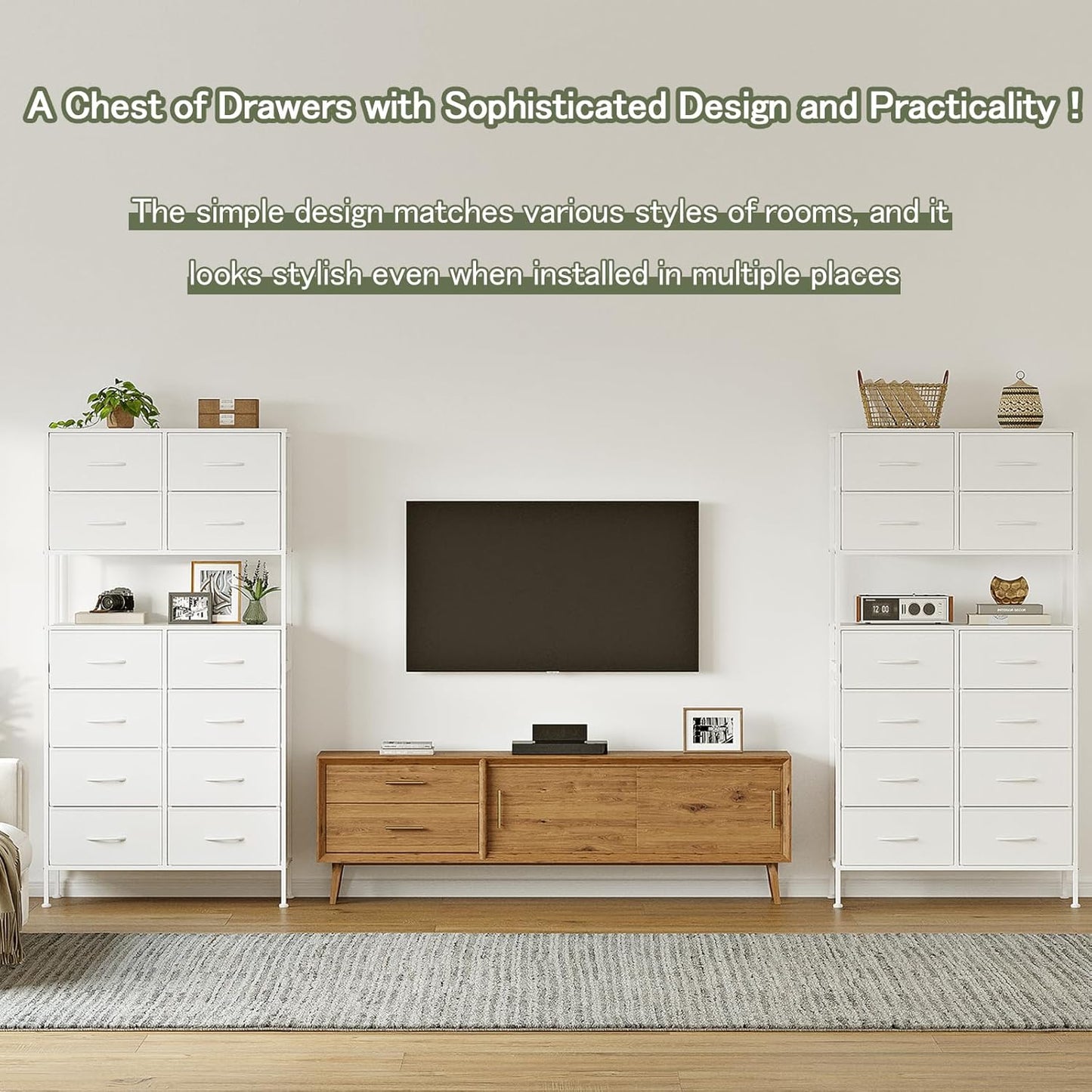 Ladekast met 12 laden, Opbergkist met Open Middenontwerp, Hoge Ladekast voor Slaapkamer, Stoffen Dressoir, Metalen Frame, Wit