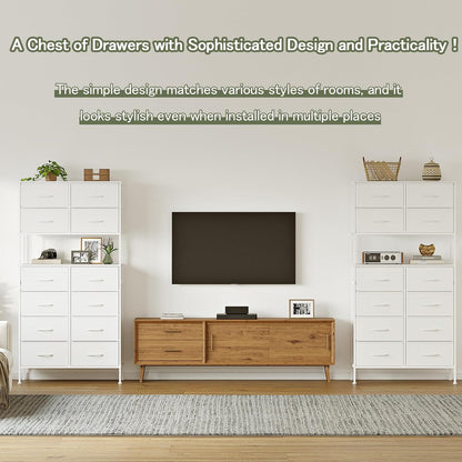 Ladekast met 12 laden, Opbergkist met Open Middenontwerp, Hoge Ladekast voor Slaapkamer, Stoffen Dressoir, Metalen Frame, Wit