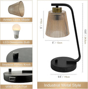 Tafellamp - Tafellampen - 2 Stuks - Bedlampje - Vintage Stijl - Nachttafellamp - met Traploos Dimbaar - USB-Poort - 5V&2A -  Industrieel Bureaulamp - Amberkleurige Lampenkap - voor Slaapkamer - Woonkamer - Lezen Kantoor - IJzer - 14 x 34.5 cm - Zwart