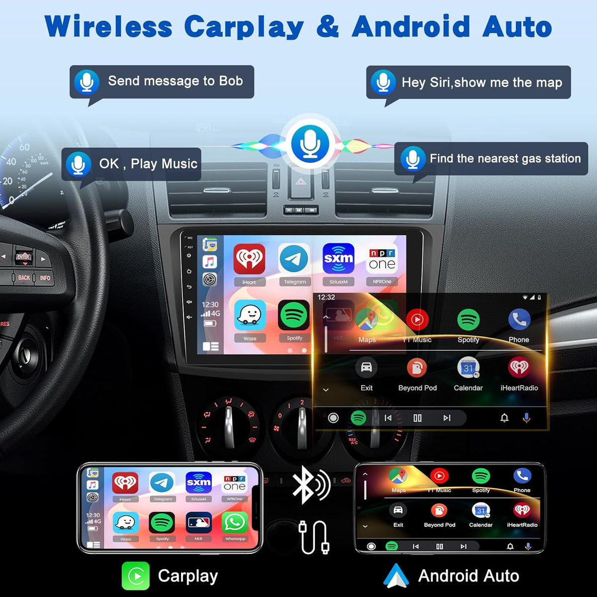 2G+64G Android Car Stereo for Mazda 3 2009-2013, 9 inch Touchscreen Radio with Wireless Carplay & Android Auto/WiFi/GPS/Bluetooth/EQ/FM RDS Radio+Backup Camera +Mic