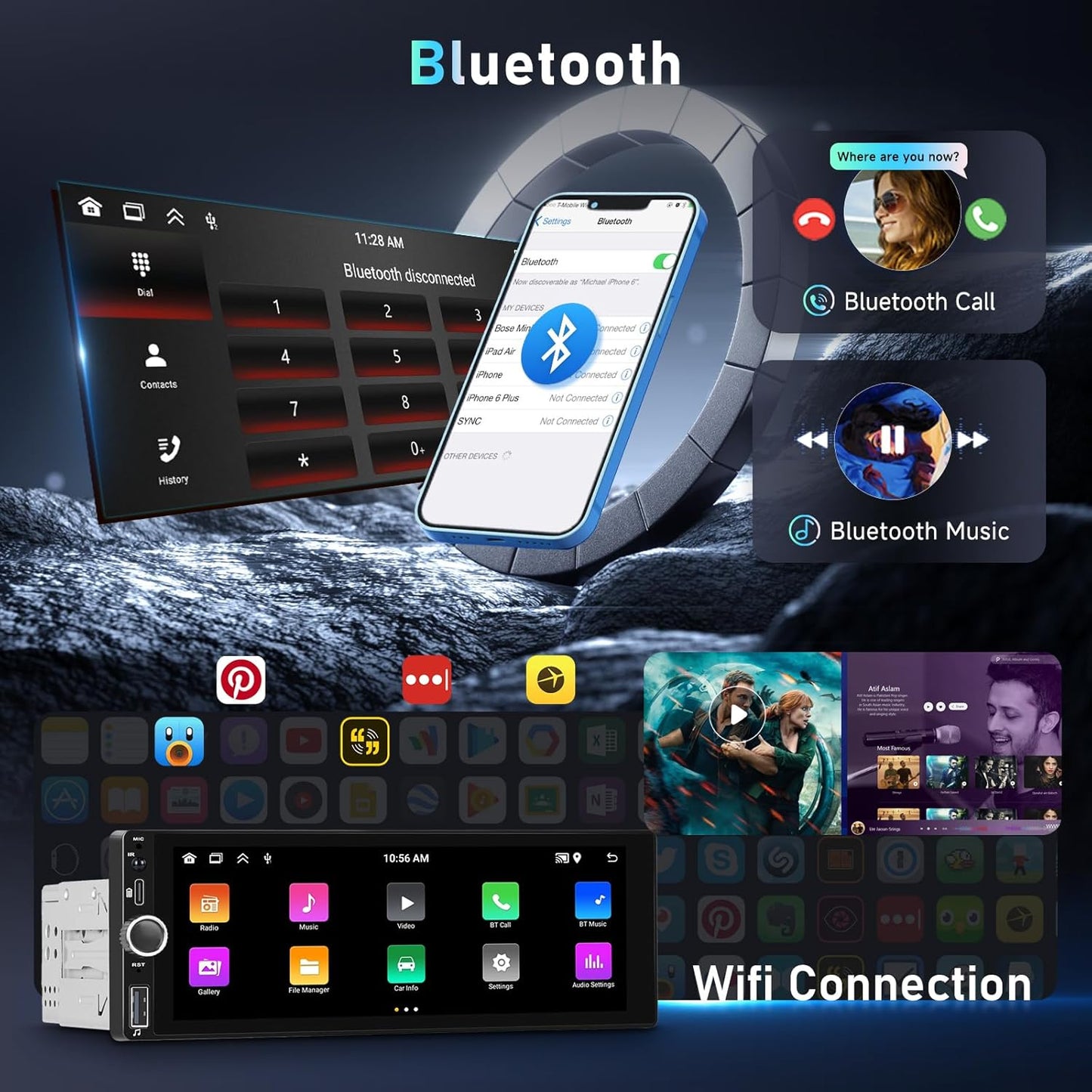 CarPlay autoradio 1 DIN 2G+64G, Podofo 6,86 inch touchscreen autoradio met DAB+, Bluetooth/FM/RDS/Navi/Stuurwielbediening/WiFi, Android autoradio