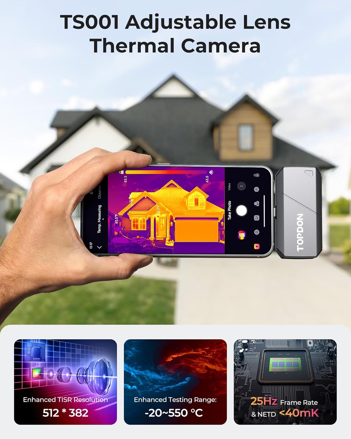 TOPDON TS001 Warmtebeeldcamera Android, 9 mm instelbare lens, observatiebereik 0,1 tot 500 m, 512 x 384 IR-resolutie, handmatig scherpstellen voor printplaten, ongedierteinspectie, outdoor, jacht