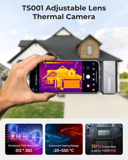 TOPDON TS001 Warmtebeeldcamera Android, 9 mm instelbare lens, observatiebereik 0,1 tot 500 m, 512 x 384 IR-resolutie, handmatig scherpstellen voor printplaten, ongedierteinspectie, outdoor, jacht