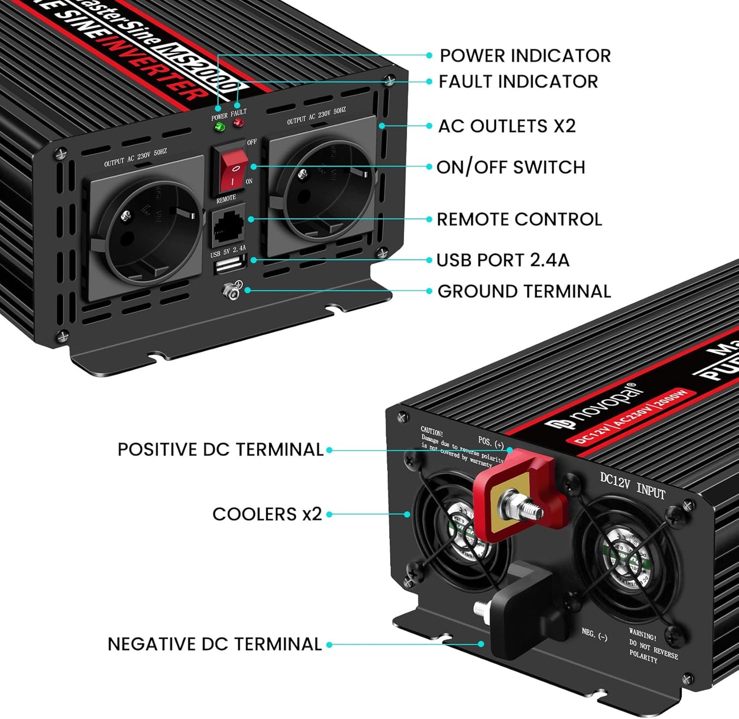 Zuivere Sinusomvormer – Spanningsomvormer – Auto-Omvormer – DC-AC Omvormer – Spanningsconverter – 2000W 12V DC Naar 230V/240V AC – 2 EU Stopcontacten Met 5 Meter Bedrade Afstandsbediening
