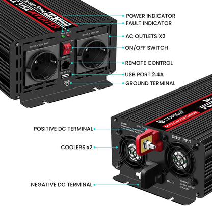 Zuivere Sinusomvormer – Spanningsomvormer – Auto-Omvormer – DC-AC Omvormer – Spanningsconverter – 2000W 12V DC Naar 230V/240V AC – 2 EU Stopcontacten Met 5 Meter Bedrade Afstandsbediening