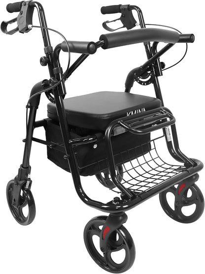 KMINA - Rollator rolstoel 2-in-1 gladde bodem, mand, senioren opvouwbaar, zwart