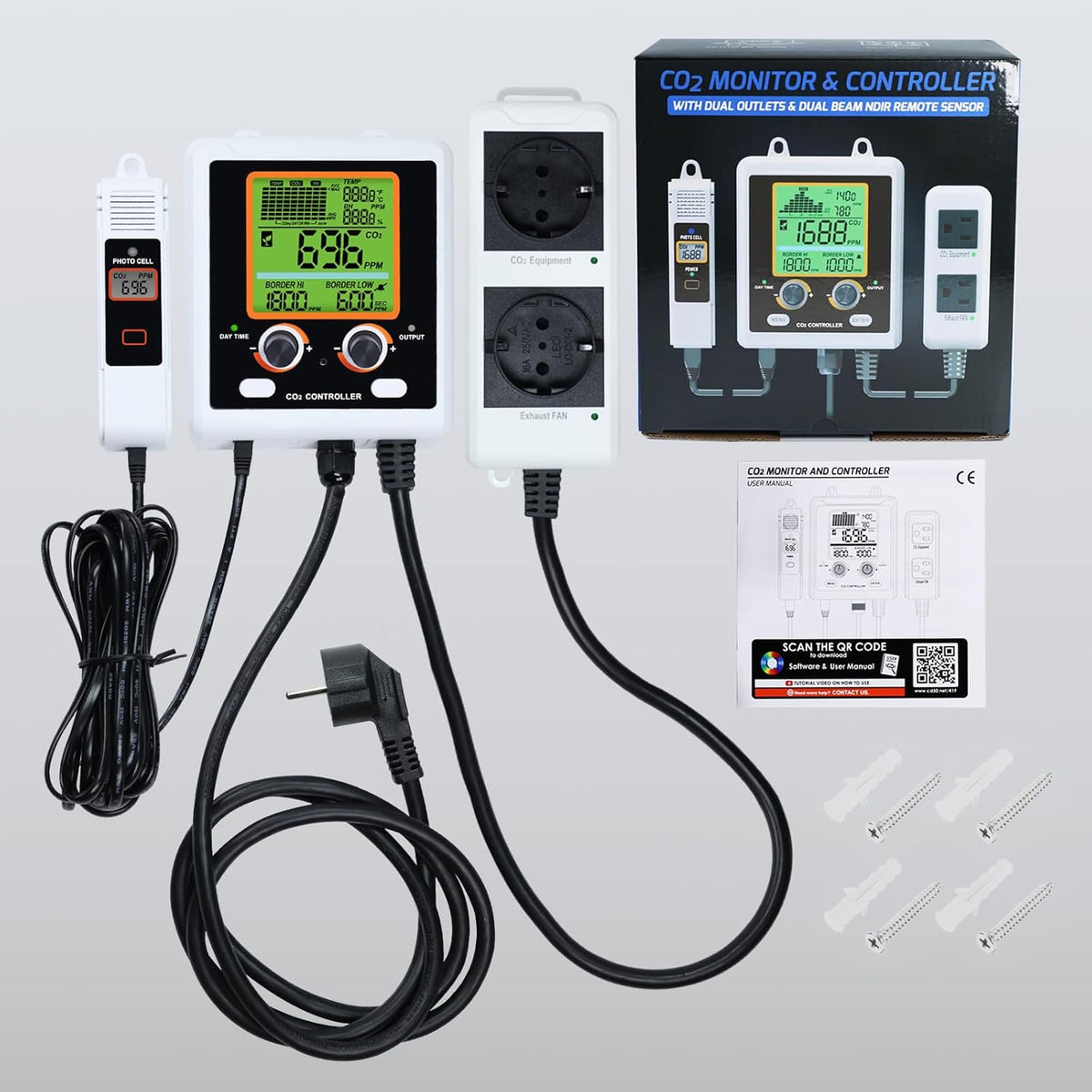 CO2 Controller With Dual Outlets for Grow Room, Automatic Control Between Regulators and Ventilators, NDIR Sensor Monitor With Large Display Graph, Temperature