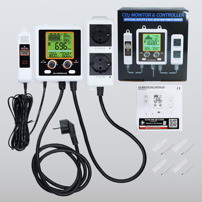 CO2 Controller With Dual Outlets for Grow Room, Automatic Control Between Regulators and Ventilators, NDIR Sensor Monitor With Large Display Graph, Temperature
