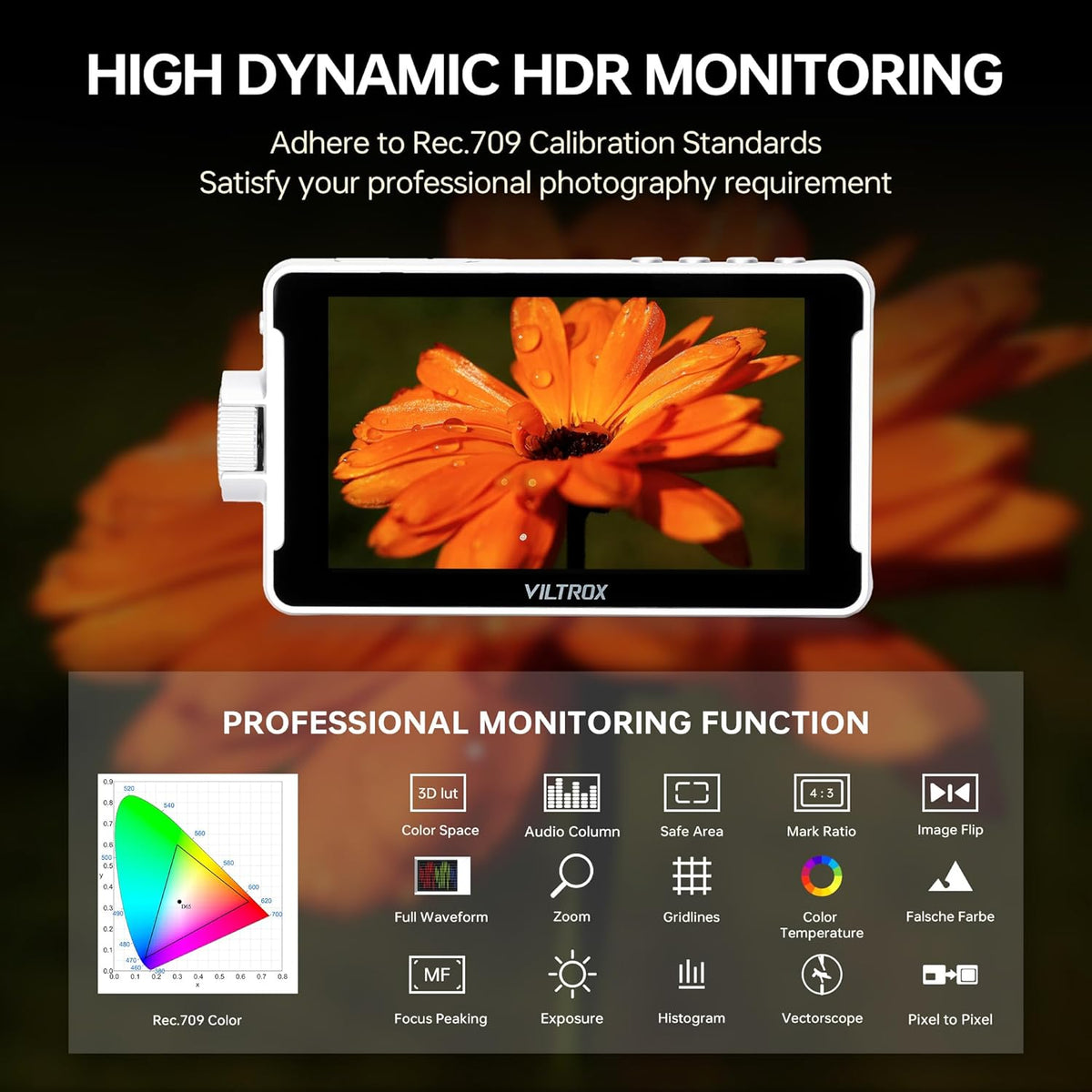 VILTROX DC-V1 5,5 inch Touchscreen Camera Veldmonitor DSLR-monitor met 3D LUT Golfvorm 400Nits 160 ° Brede kijkhoek 1920X1080 IPS 4K HDMI Loop in/Out Video Peaking Focus Assist, Batterij/Zonnescherm