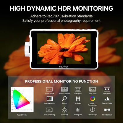 VILTROX DC-V1 5,5 inch Touchscreen Camera Veldmonitor DSLR-monitor met 3D LUT Golfvorm 400Nits 160 ° Brede kijkhoek 1920X1080 IPS 4K HDMI Loop in/Out Video Peaking Focus Assist, Batterij/Zonnescherm