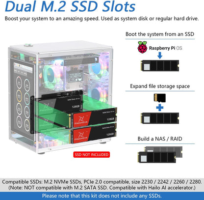Freenove Raspberry Pi 5 Case Kit Pro, Dual M.2 NVMe SSD Slots, 5 PWM ARGB Fans Light Sync, CPU Tower Cooler, 4.3" Touchscreen, Stereo Speakers, 3.5 mm Audio (SSD NOT Included)